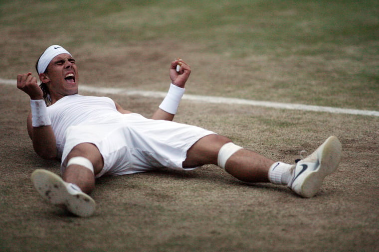 Rafael Nadal celebrates after winning All England Championships 2008