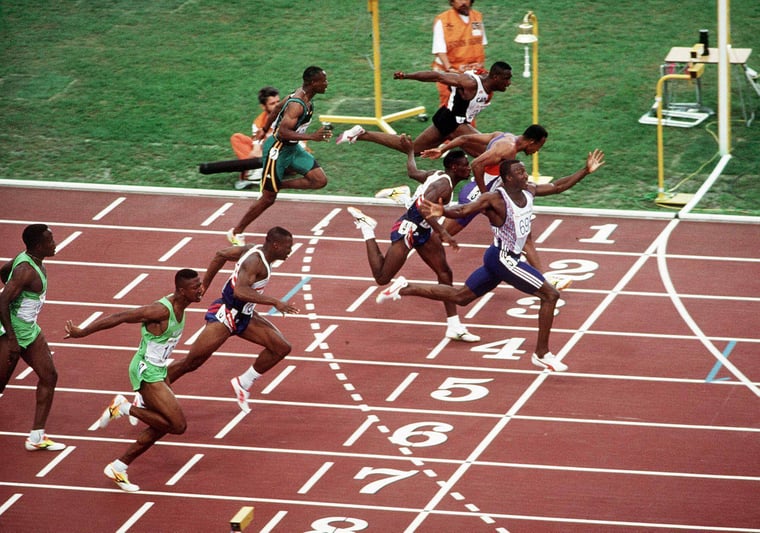 Linford Christie winns 100m Barcelona 1992 Olympics