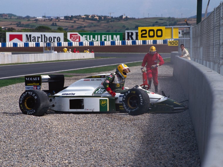 F1 Michael Bartels Lotus 102B Ford climbs out after going off into the gravel during the Spanish GP at Circuit de Barcelona-Catalunya 1991