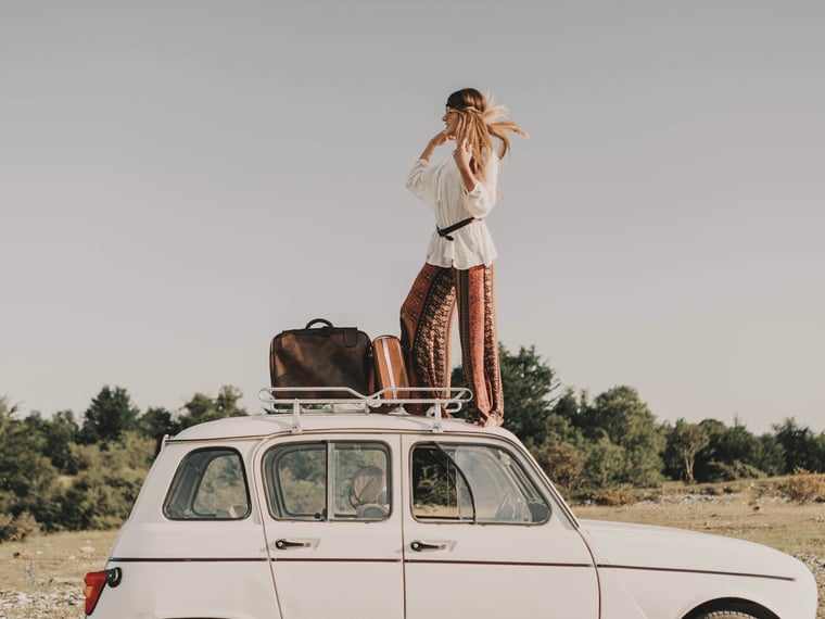 woman, travel, oldtimer, luggage, hippie