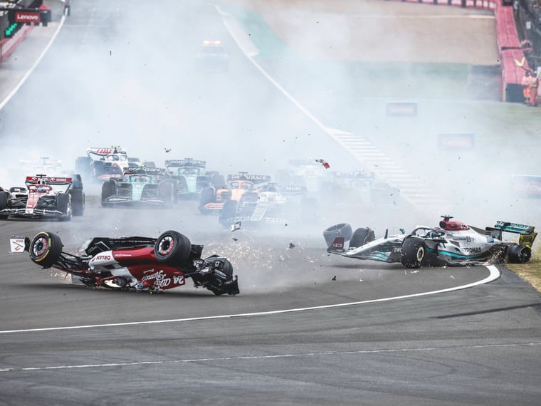 Alfa Romeo F1 Team Orlen action crash with 63 George Russell, Mercedes AMG Petronas Formula One Team