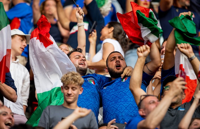 italian men and soccer fans celebrating