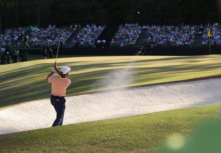 gold, Scottie Scheffler, bunker, Masters tournement, Augusta Golf Club