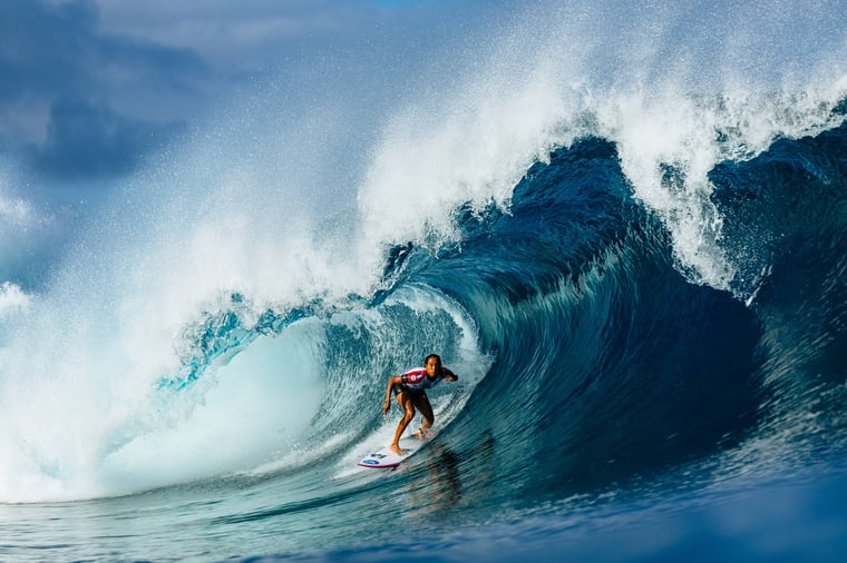 Vahine Fierro of France surfs during the SHISEIDO Tahiti Pro at Teahupo o, Tahiti.