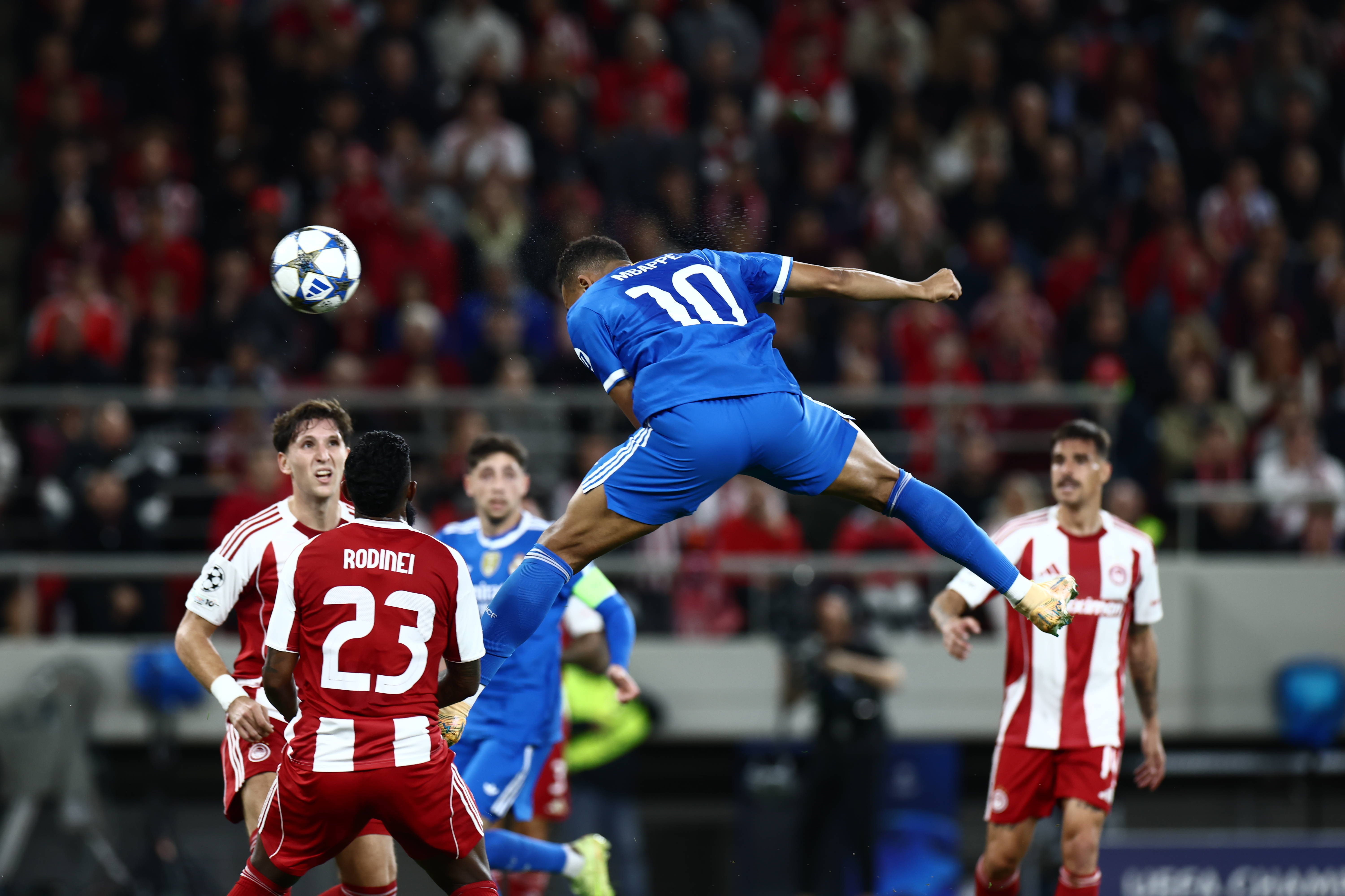 Piraeus, Greece: Kylian Mbappe of Real Madrid CF shoots for goal during the UEFA Champions League 2025 26 League Phase MD5 match between Olympiacos FC and Real Madrid