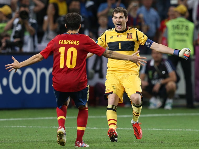  Celebration of Cesc Fabregas and Iker Casillas from Spain after a penalty shoot-out in the semifinal, EURO 2012